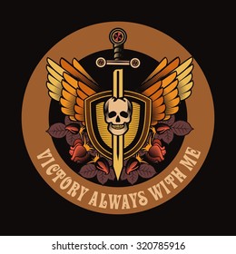 vector vintage emblem of a human skull and a sword, heraldry and symbols