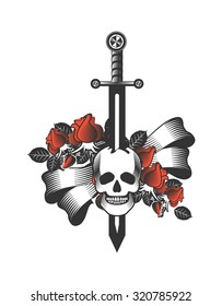 vector vintage emblem of a human skull and a sword, heraldry and symbols