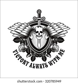 vector vintage emblem of a human skull and a sword, heraldry and symbols