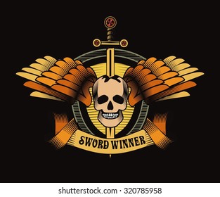 vector vintage emblem of a human skull and a sword, heraldry and symbols