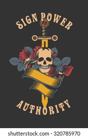 vector vintage emblem of a human skull and a sword, heraldry and symbols