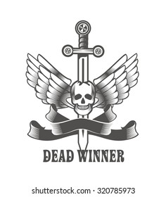 vector vintage emblem of a human skull and a sword, heraldry and symbols