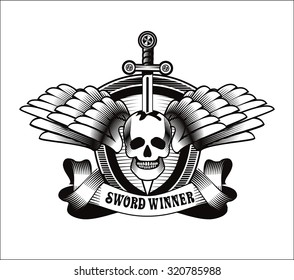 vector vintage emblem of a human skull and a sword, heraldry and symbols