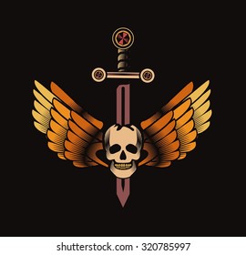 vector vintage emblem of a human skull and a sword, heraldry and symbols
