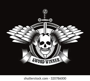 vector vintage emblem of a human skull and a sword, heraldry and symbols