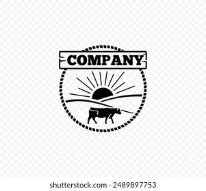 Vector vintage emblem with a silhouette of a cow grazing on a field