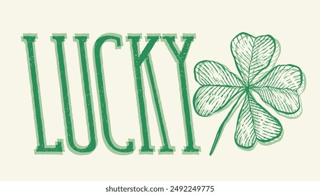 Vector vintage emblem of text lucky and four leaf clover. Vintage engraving lucky clover.