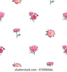 Vector vintage embroidery peony flower, rose flower, peony bouquet, rose bouquet, peony bud on white wallpaper background. Beautiful painting embroidery floral seamless pattern on white backdrop