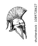 Vector vintage engraved illustration of Corinthian helmet â?? the most popular ancient Greek helmet. Isolated on white background.