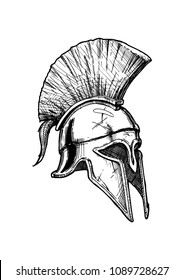 Vector vintage engraved illustration of Corinthian helmet â?? the most popular ancient Greek helmet. Isolated on white background.