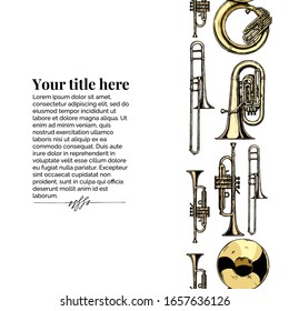 Vector vintage engraving template with brass musical instrument. Seamless pattern stripe. Place for your text.
