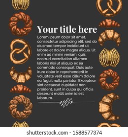 Vector vintage engraving template with different sweet pastries. Seamless pattern stripe. Place for your text.