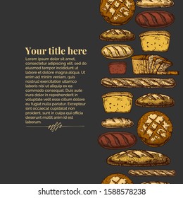 Vector vintage engraving template with different breads, bakery products and sweet pastries. Seamless pattern stripe. Place for your text.