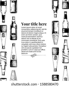 Vector vintage engraving template with different beer bottles. Seamless pattern stripe. Place for your text.