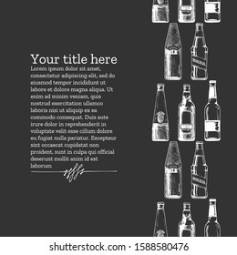 Vector vintage engraving template with different beer bottles. Seamless pattern stripe. Place for your text.