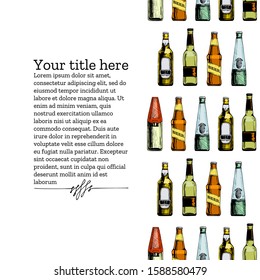 Vector vintage engraving template with different beer bottles. Seamless pattern stripe. Place for your text.