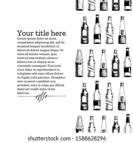 Vector vintage engraving template with different beer bottles. Seamless pattern stripe. Place for your text.