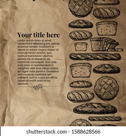 Vector vintage engraving template with different breads, bakery products and sweet pastries on crumpled paper background. Place for your text.