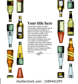 Vector vintage engraving template with different beer bottles. Seamless pattern stripe. Place for your text.