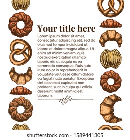Vector vintage engraving template with different sweet pastries. Seamless pattern stripe. Place for your text.