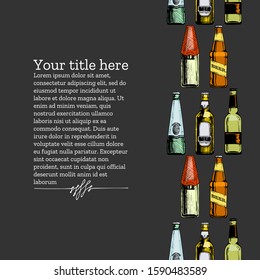 Vector vintage engraving template with different beer bottles. Seamless pattern stripe. Place for your text.