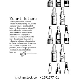 Vector vintage engraving template with different beer bottles. Seamless pattern stripe. Place for your text.