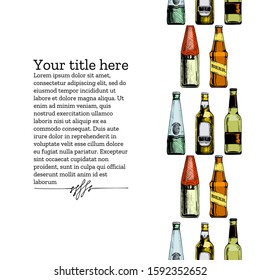 Vector vintage engraving template with different beer bottles. Seamless pattern stripe. Place for your text.
