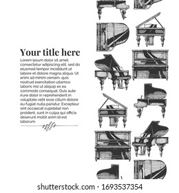 Vector vintage engraving template with Grand Piano, Upright (vertical), digital pianos and electronic keyboard. Seamless pattern stripe. Place for your text.