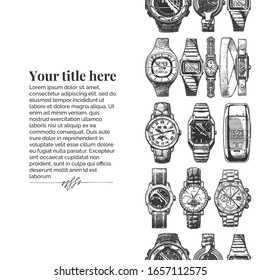 Vector vintage engraving template with watches seamless pattern stripe. Place for your text. illustration in old fashioned etched style on white background.