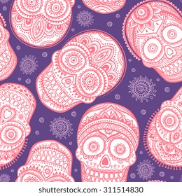 Vector Vintage ethnic hand drawn human skull seamless pattern