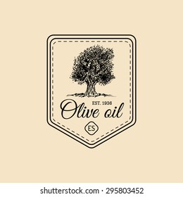 Vector vintage extra virgin olive oil logo. Retro emblem with tree. Hand sketched rural farm production sign.