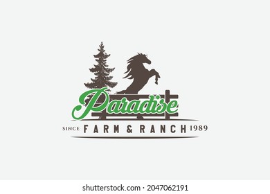 vector vintage farm and ranch logo graphic design template illustration. two horse jumping inside paddock pine tree