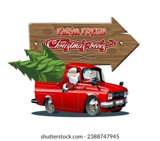 Vector vintage farm sign with Christmas tree by red truck. Farm Fresh Christmas Trees retro poster. Available eps-10 format separated by groups and layers for easy edit.
