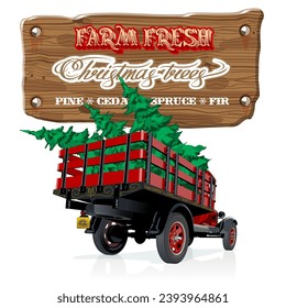 Vector vintage farm sign with Christmas tree by red truck. Farm Fresh Christmas Trees retro poster. Available eps-10 format separated by groups and layers for easy edit.