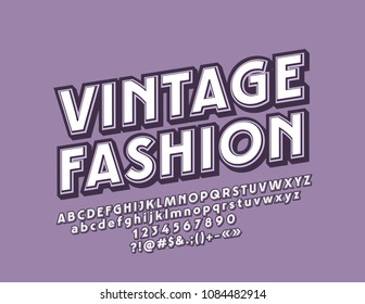 Vector Vintage Fashion style Font. Purple and White retro Alphabet Letters, Numbers and Symbols