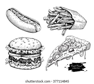 Vector Vintage Fast Food Drawing Set. Hand Drawn Monochrome Junk Food Illustration. Great For Menu, Poster Or Label.