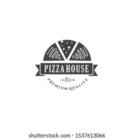 Vector vintage fast food logo. Hipster natural Pizza House label, sign. Bistro icon. Street eatery emblem