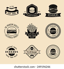 Vector Vintage Fast Food Logo Set. Retro Eating Signs Collection. Burger, Hamburger, Hot Dog, Frankfurter  Emblems. Bistro, Snack Bar, Restaurant, Cafe, American Diner Icons.