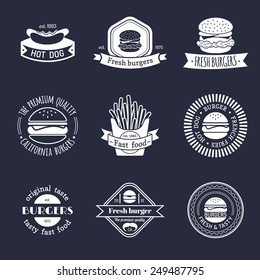 Vector Vintage Fast Food Logo Set. Retro Eating Signs Collection. Burger, Hamburger, Hot Dog, Frankfurter  Emblems. Bistro, Snack Bar, Restaurant, Cafe, American Diner Icons.