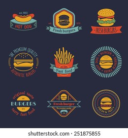 Vector Vintage Fast Food Logo Set. Retro Eating Signs Collection. Burger, Hamburger, Hot Dog, Frankfurter Emblems. Bistro, Snack Bar, Restaurant, Cafe, American Diner Icons.