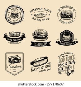 Vector Vintage Fast Food Logo Set. Retro Quick Meal Signs Collection. Hand Drawn Burger, Hot Dog, Frankfurter Emblems. Bistro, Snack Bar, Street Restaurant, Cafe, American Diner Icons.