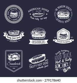 Vector Vintage Fast Food Logo Set. Retro Quick Meal Signs Collection. Hand Drawn Burger, Hot Dog, Frankfurter Emblems. Bistro, Snack Bar, Street Restaurant, Cafe, American Diner Icons.