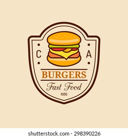 Vector vintage fast food logo. Retro hand drawn burger, hipster sandwich sign. Bistro icon. Eatery emblem for street restaurant, cafe, bar menu design.