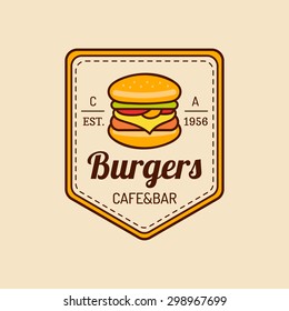 Vector vintage fast food logo. Retro hand drawn burger, hipster sandwich sign. Bistro icon. Eatery emblem for street restaurant, cafe, bar menu design.