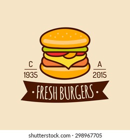 Vector vintage fast food logo. Retro hand drawn burger, hipster sandwich sign. Bistro icon. Eatery emblem for street restaurant, cafe, bar menu design.