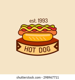 Vector vintage fast food logo. Retro hand drawn hot dog sign. Bistro icon. Eatery emblem with frankfurter. Used for street restaurant, cafe, bar menu design.