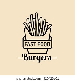 Vector Vintage Fast Food Logo With French Fries. Retro Eating Sign With Fried Potato.