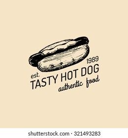 Vector vintage fast food logo. Retro hand drawn hot dog label. Bistro icon. Street eatery emblem with frankfurter.