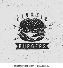 Vektor vintage Fast Food Logo. Retro handgezeichnet Hamburger Logotyp. Hipster Burger Schild. Fast Food Ikone. Fast Food Emblem mit Hamburger. Schild mit der Kastenstange. Burger Bistro Logo.