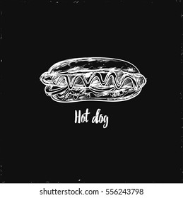 Vector vintage fast food logo. Retro hand drawn illustration. Fast food icon. Fast food emblem with hot dog. Chalkboard